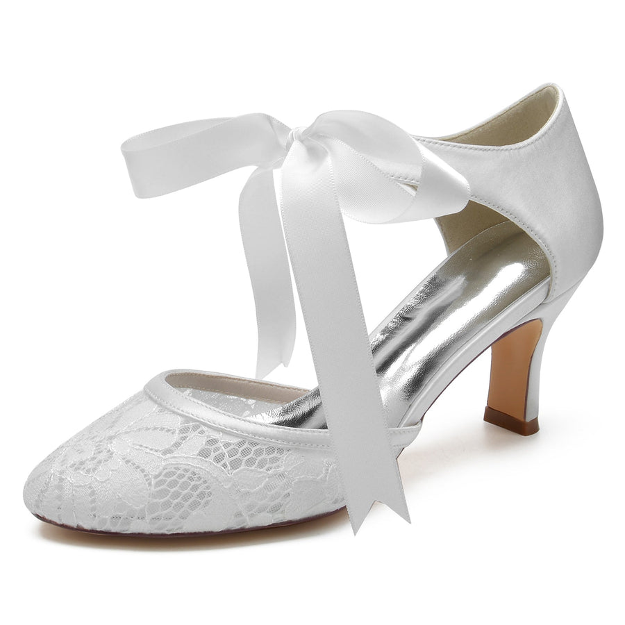 Damen Spitze Seidensatin Mit Knöchelriemen Geschlossene Zehenpartie Spool Heel Brautschuhe