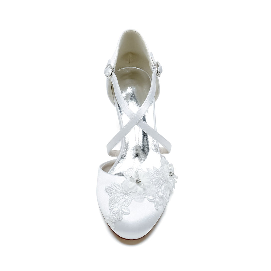 Damen Seidensatin mit Knöchelriemen Blume Geschlossene Zehenpartie Spool Heel Brautschuhe
