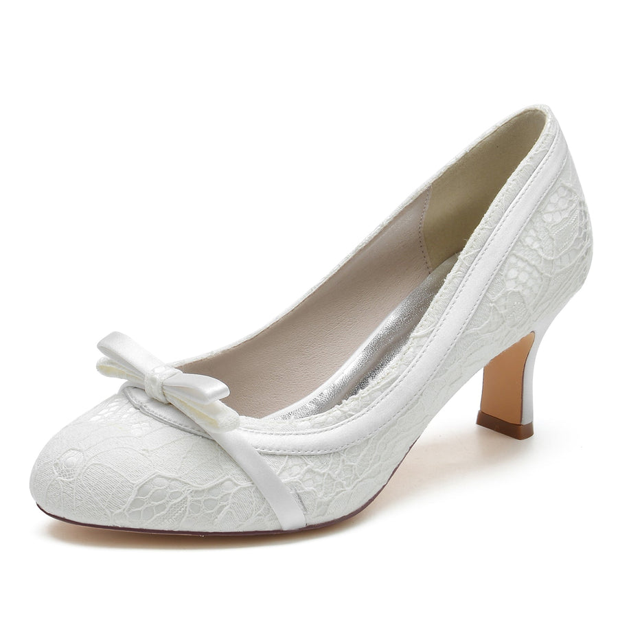 Damen Spitze Seidensatin Mit Bowknot Spitze Geschlossene Zehenpartie Spool Heel Brautschuhe