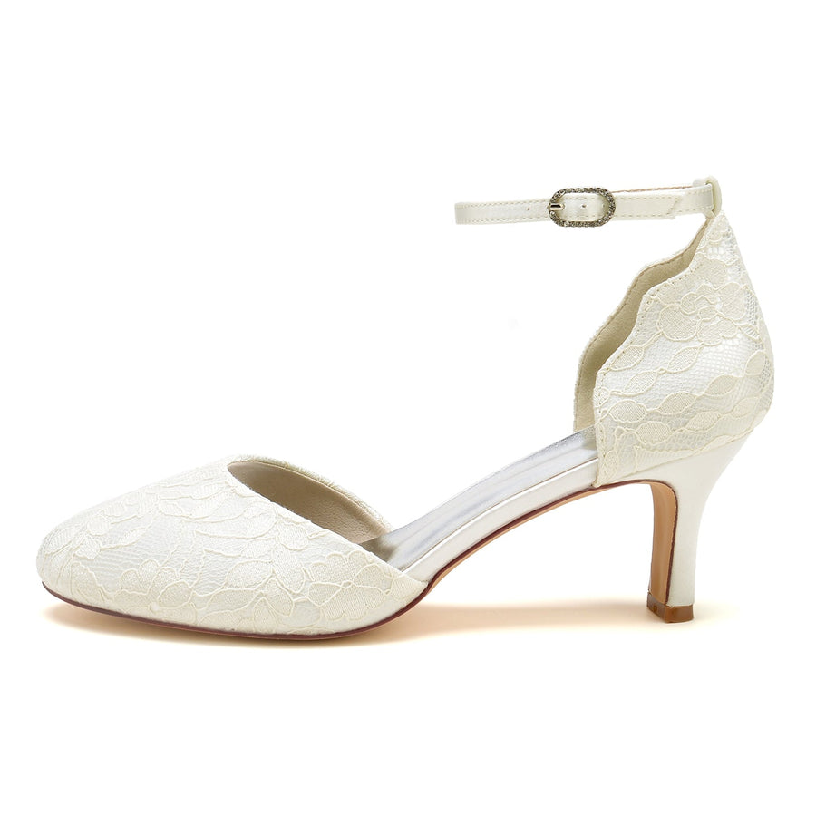 Damen Spitze Seidensatin Mit Knöchelriemen Spitze Geschlossene Zehenpartie Spool Heel Brautschuhe