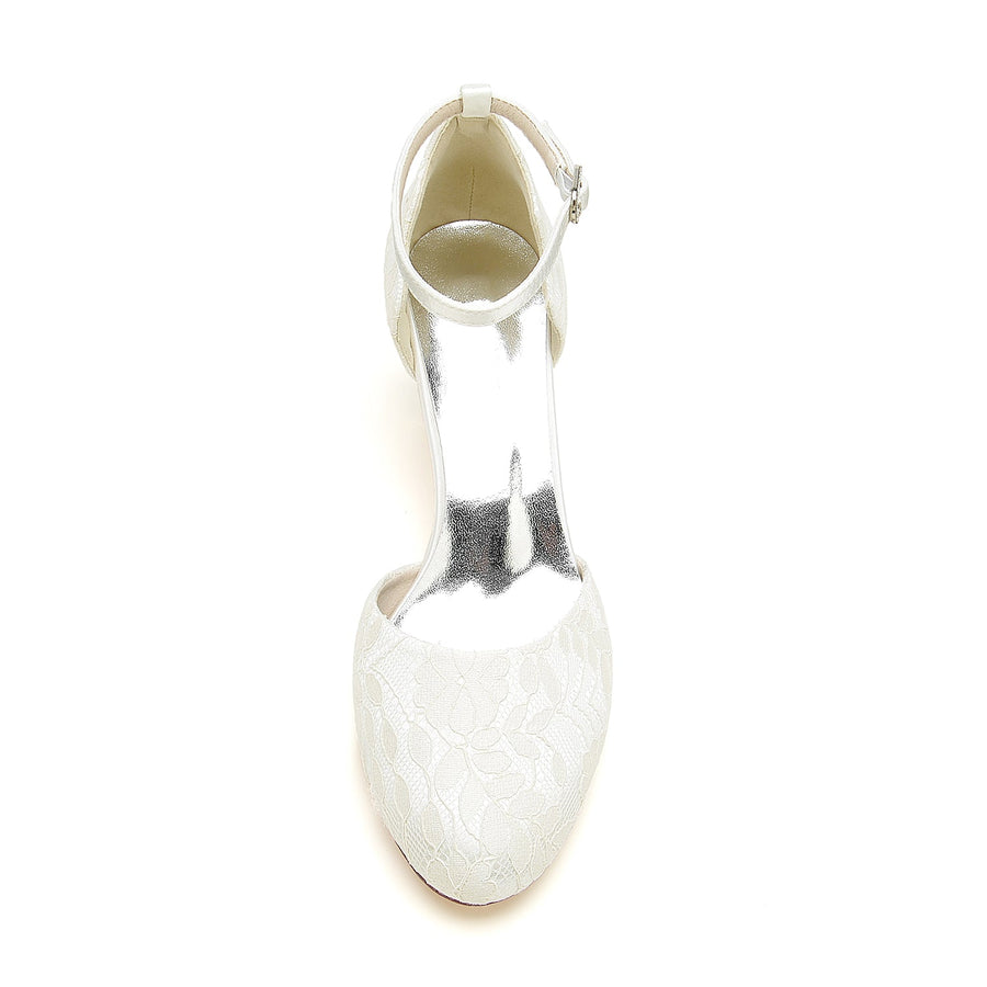 Damen Spitze Seidensatin Mit Knöchelriemen Spitze Geschlossene Zehenpartie Spool Heel Brautschuhe