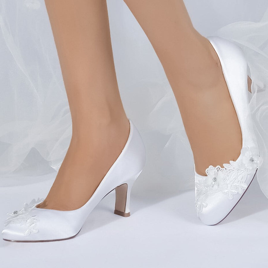 Damen Seidensatin mit Blume Geschlossene Zehenpartie Spool Heel Abendschuhe