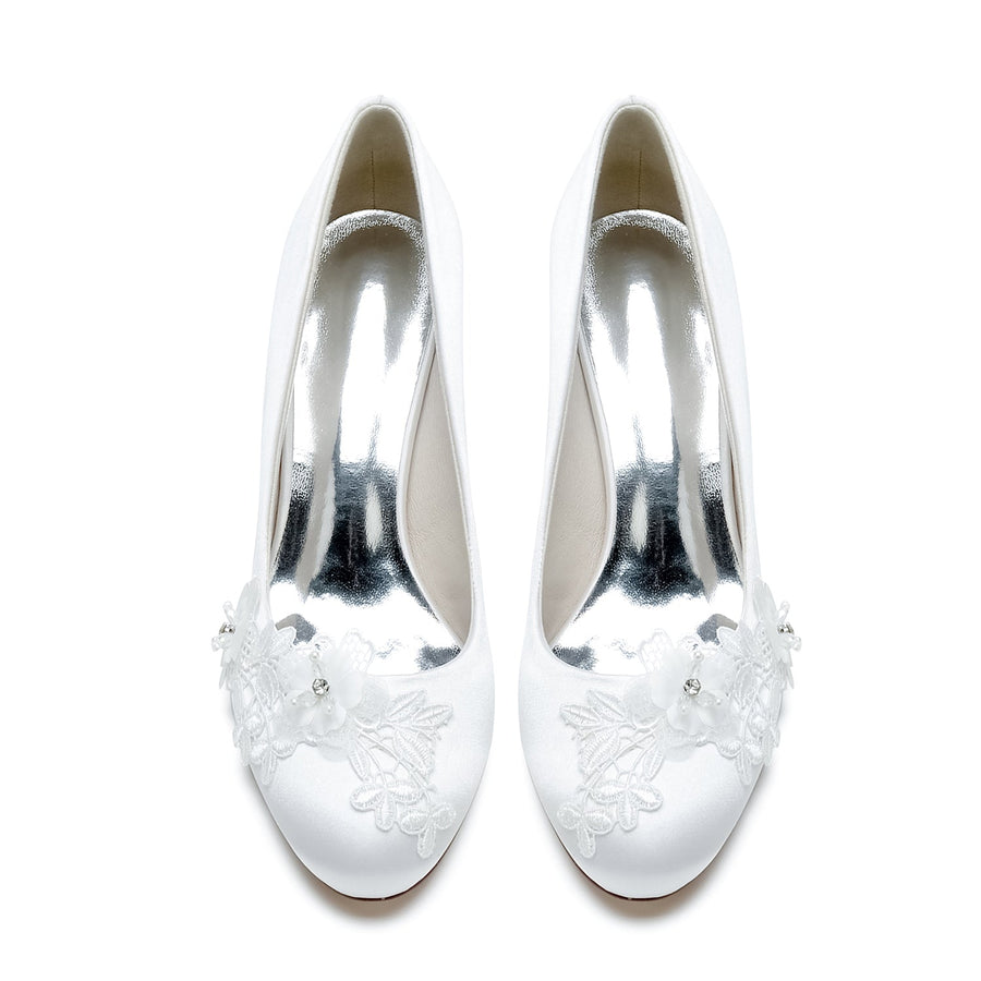 Damen Seidensatin mit Blume Geschlossene Zehenpartie Spool Heel Abendschuhe
