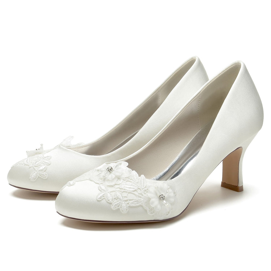 Damen Seidensatin mit Blume Geschlossene Zehenpartie Spool Heel Abendschuhe