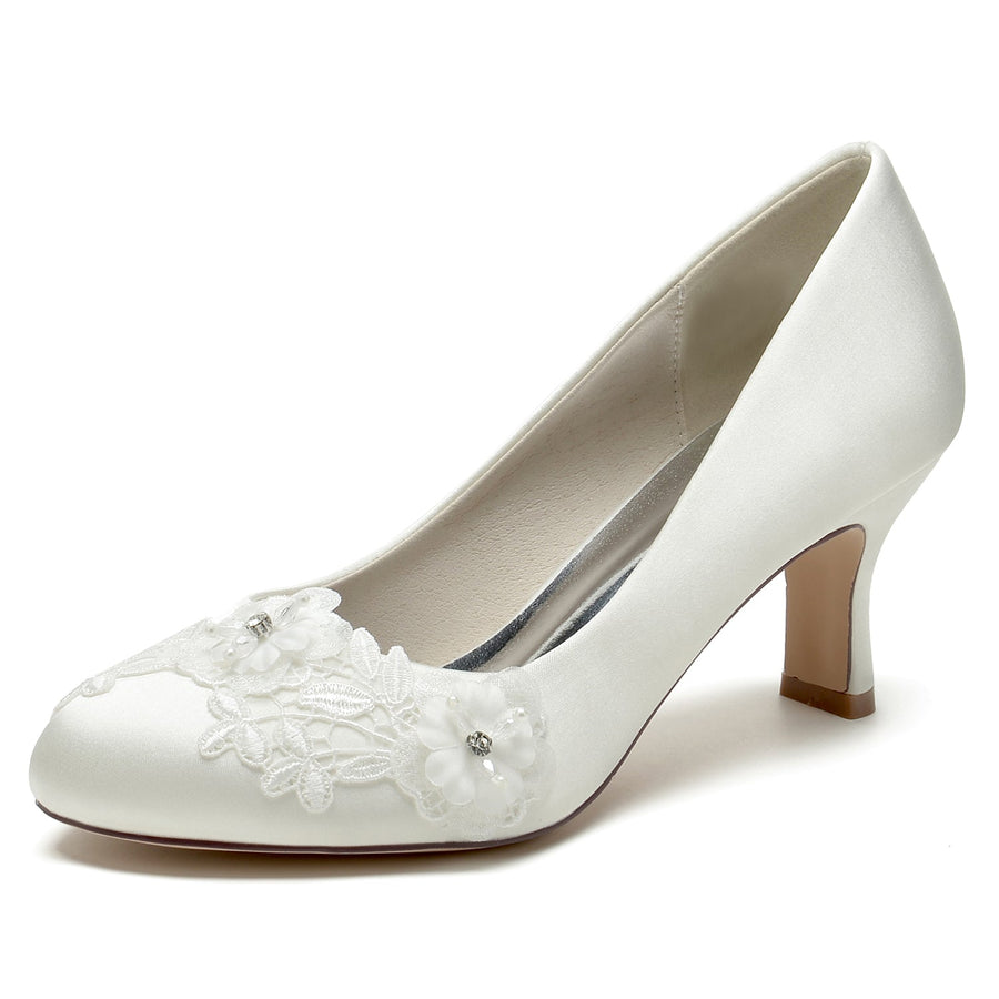 Damen Seidensatin mit Blume Geschlossene Zehenpartie Spool Heel Abendschuhe
