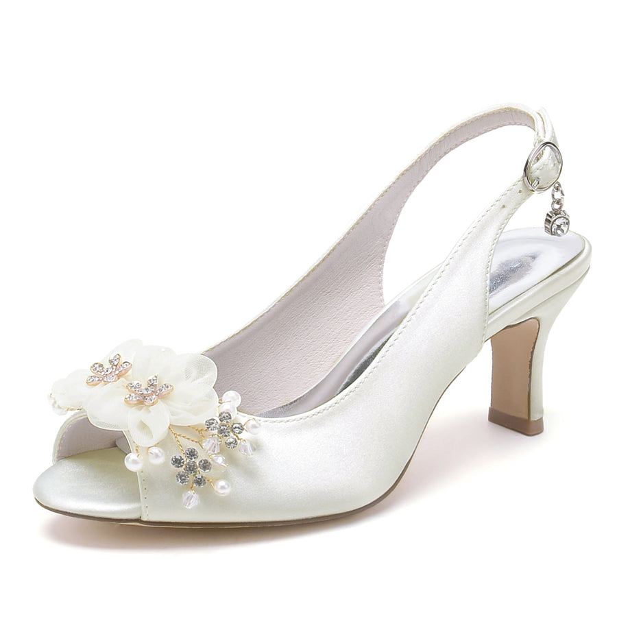 Damen Seidensatin mit Blume Peep Toe Spool Heel Party Schuhe