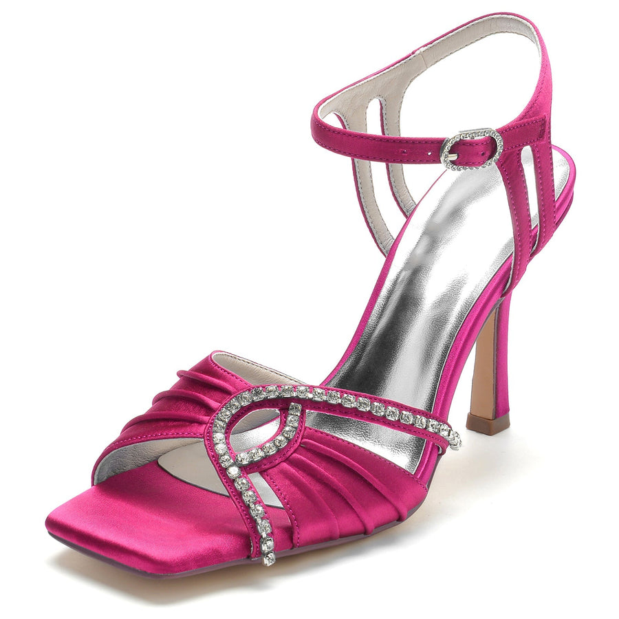 Damen Seidensatin mit Strass Knöchelriemen Peep Toe Stiletto Absatz Abendschuhe