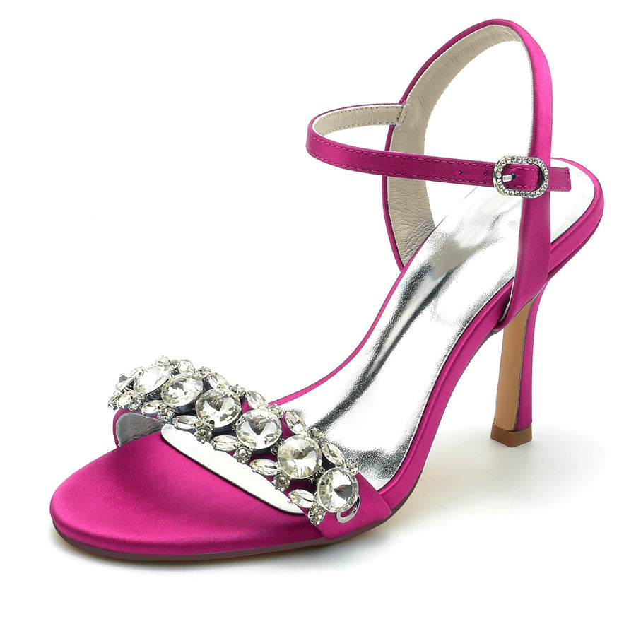 Damen Seidensatin Mit Knöchelriemen Peep Toe Strass Stiletto Absatz Abendschuhe