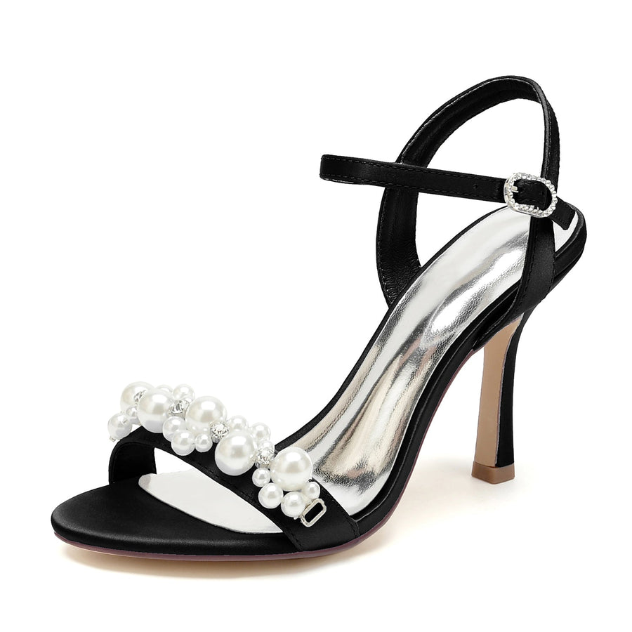 Damen Seidensatin Mit Knöchelriemen Perle Peep Toe Stiletto Heel Brautschuhe