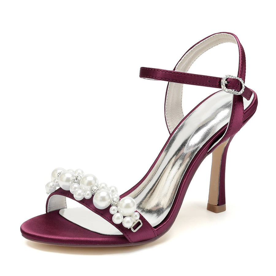 Damen Seidensatin Mit Knöchelriemen Perle Peep Toe Stiletto Heel Brautschuhe