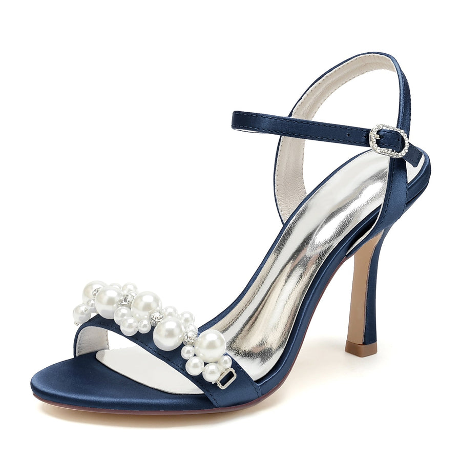 Damen Seidensatin Mit Knöchelriemen Perle Peep Toe Stiletto Heel Brautschuhe