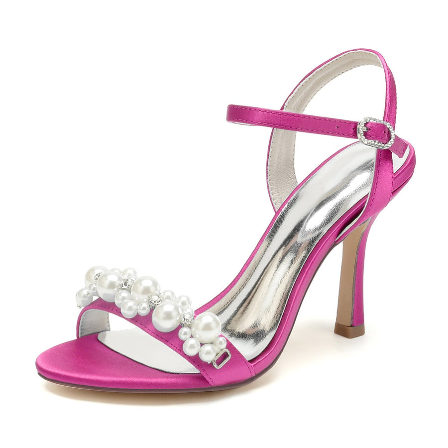 Damen Seidensatin Mit Knöchelriemen Perle Peep Toe Stiletto Heel Brautschuhe