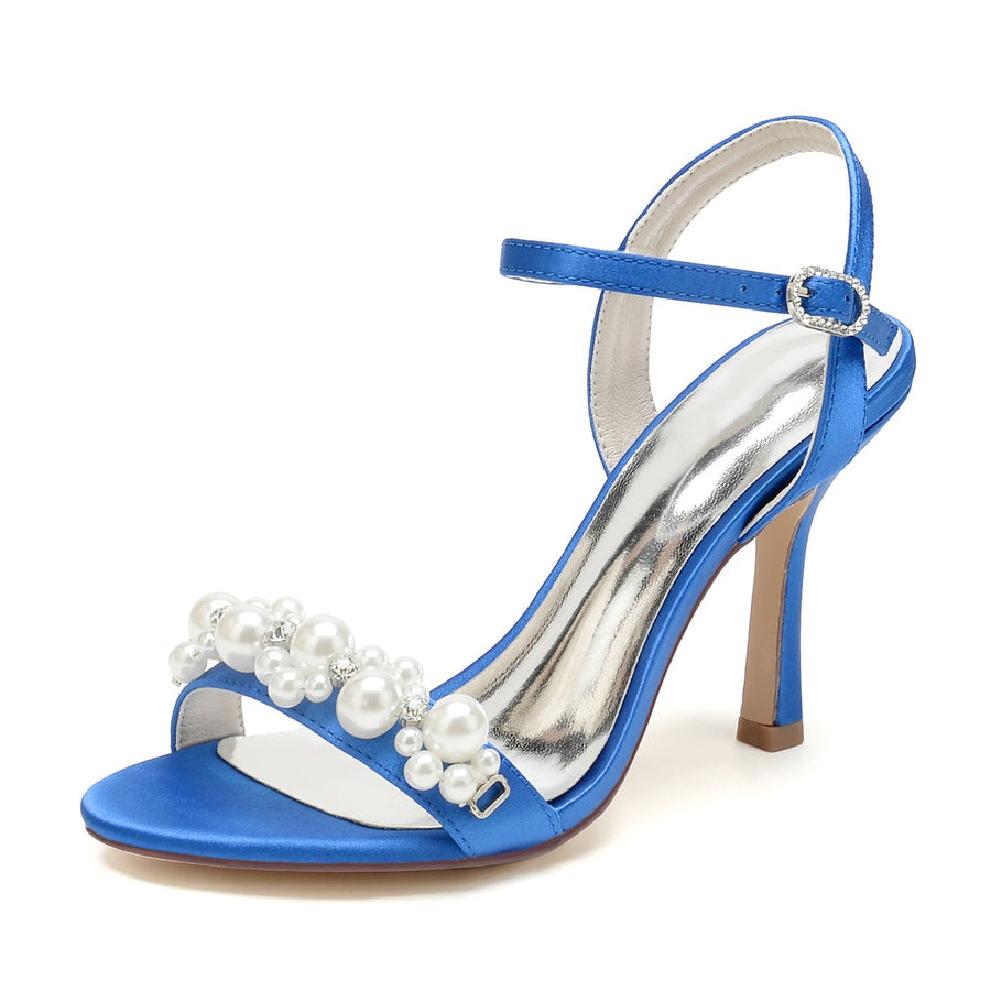 Damen Seidensatin Mit Knöchelriemen Perle Peep Toe Stiletto Heel Brautschuhe