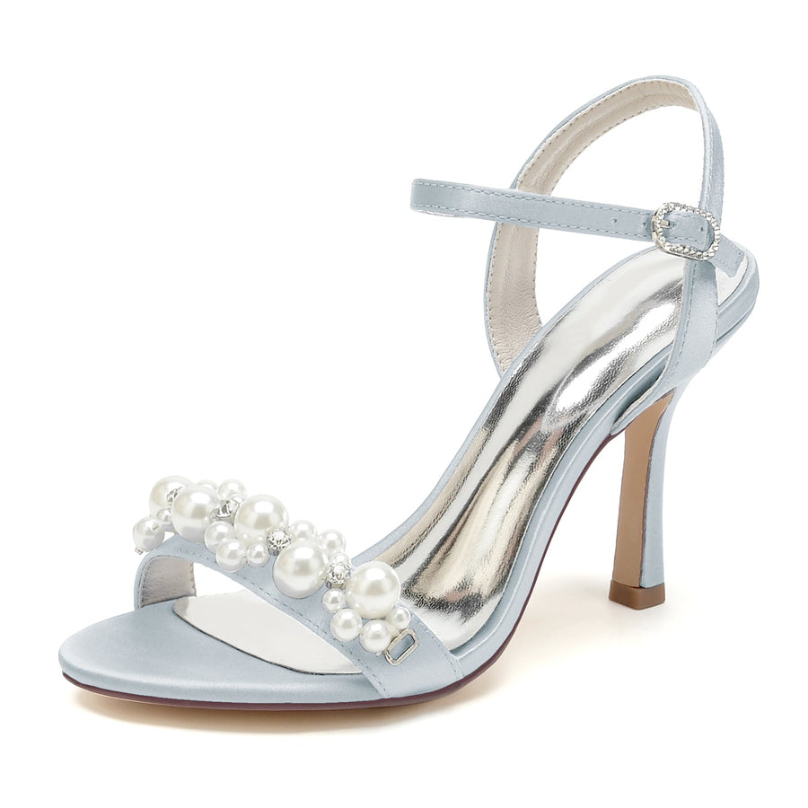 Damen Seidensatin Mit Knöchelriemen Perle Peep Toe Stiletto Heel Brautschuhe
