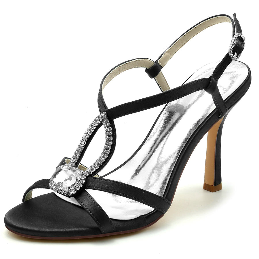 Damen Seidensatin Strass Mit Knöchelriemen Peep Toe Stiletto Absatz Abendschuhe