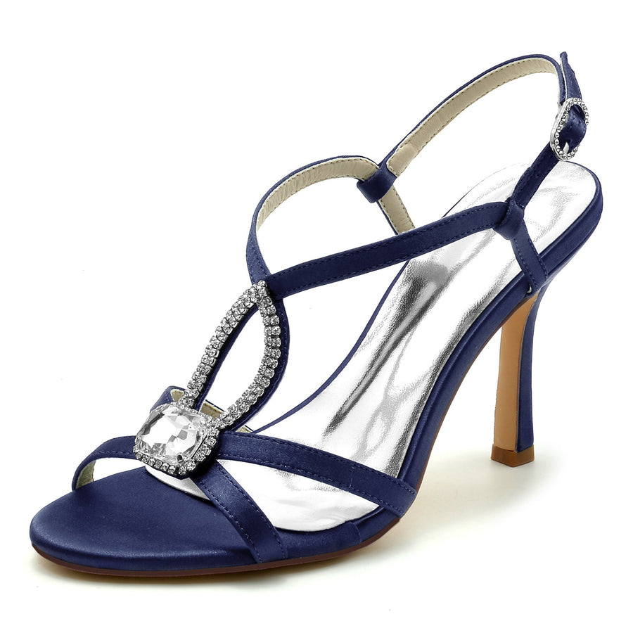 Damen Seidensatin Strass Mit Knöchelriemen Peep Toe Stiletto Absatz Abendschuhe