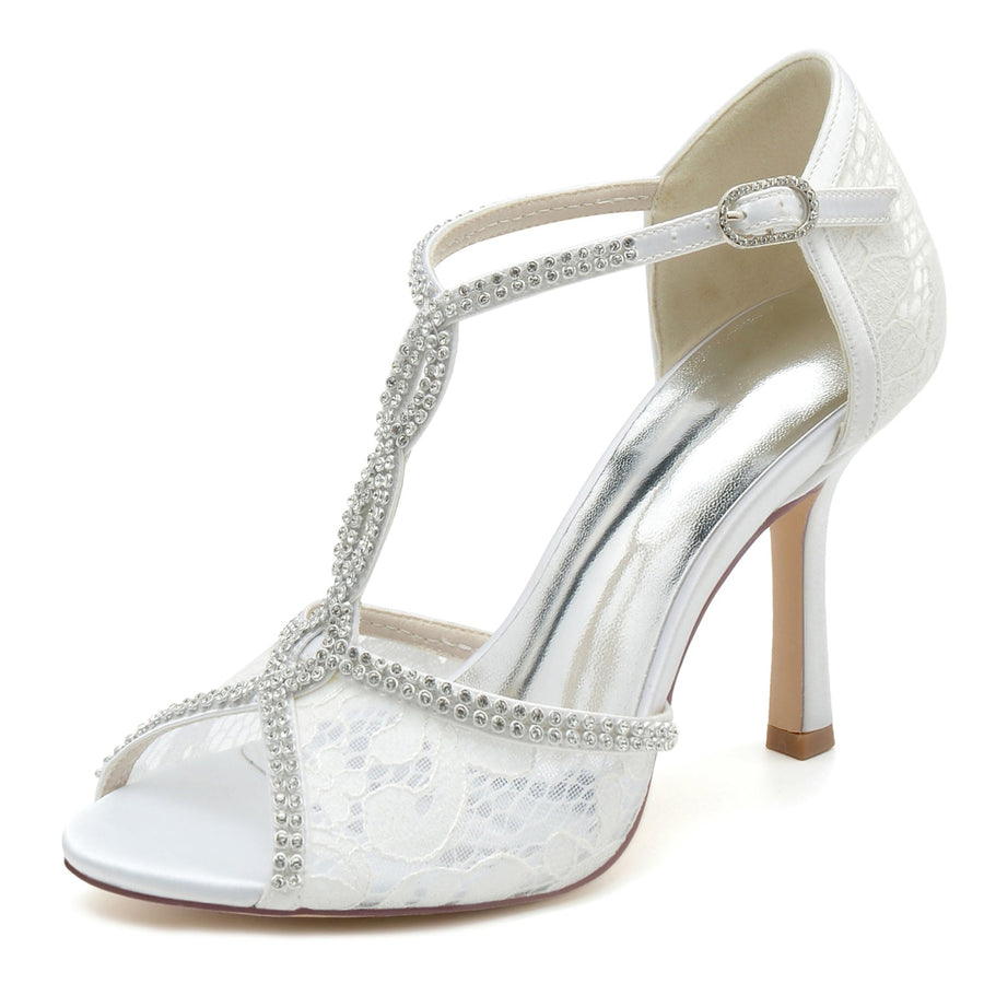 Damen Seidensatin Mit Peep Toe Knöchelriemen Strass Stiletto Absatz Party Schuhe