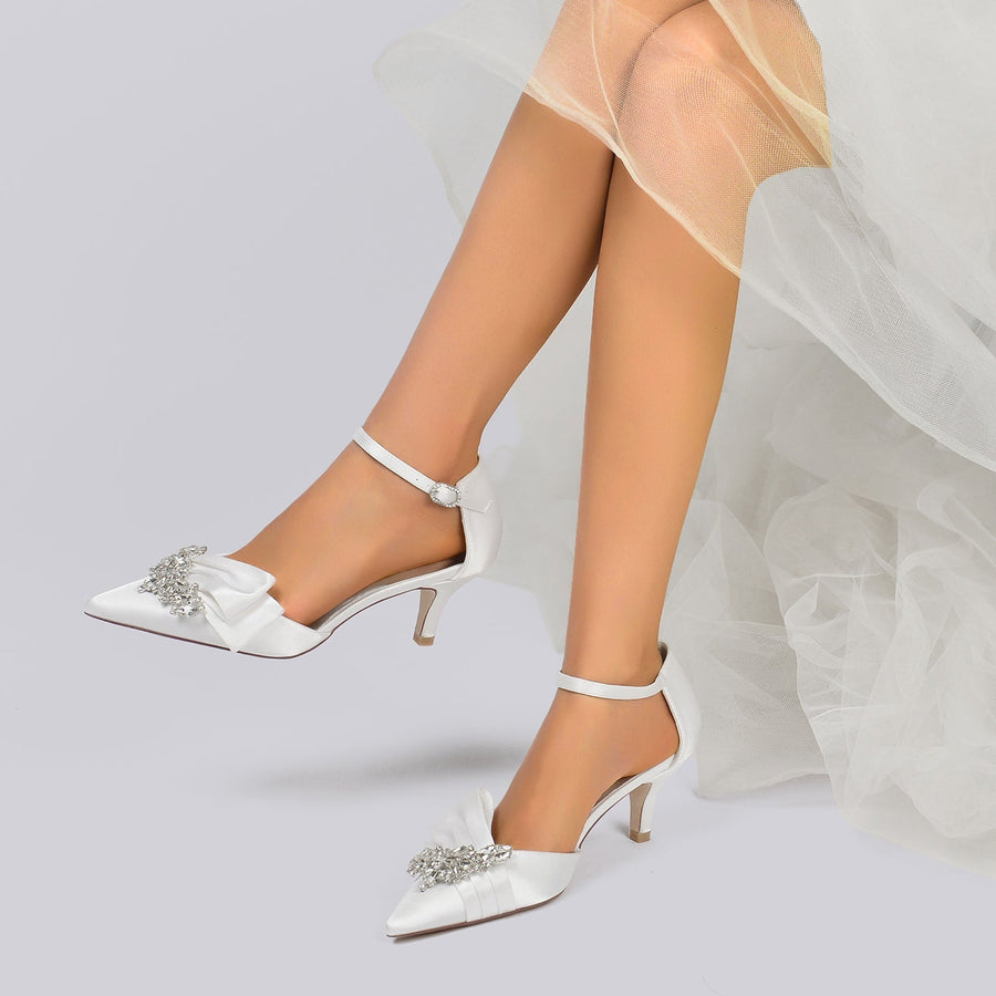 Damen Abendschuhe aus Seidensatin mit Knöchelriemen und Strasssteinen, geschlossene Zehenpartie, Stilettoabsatz