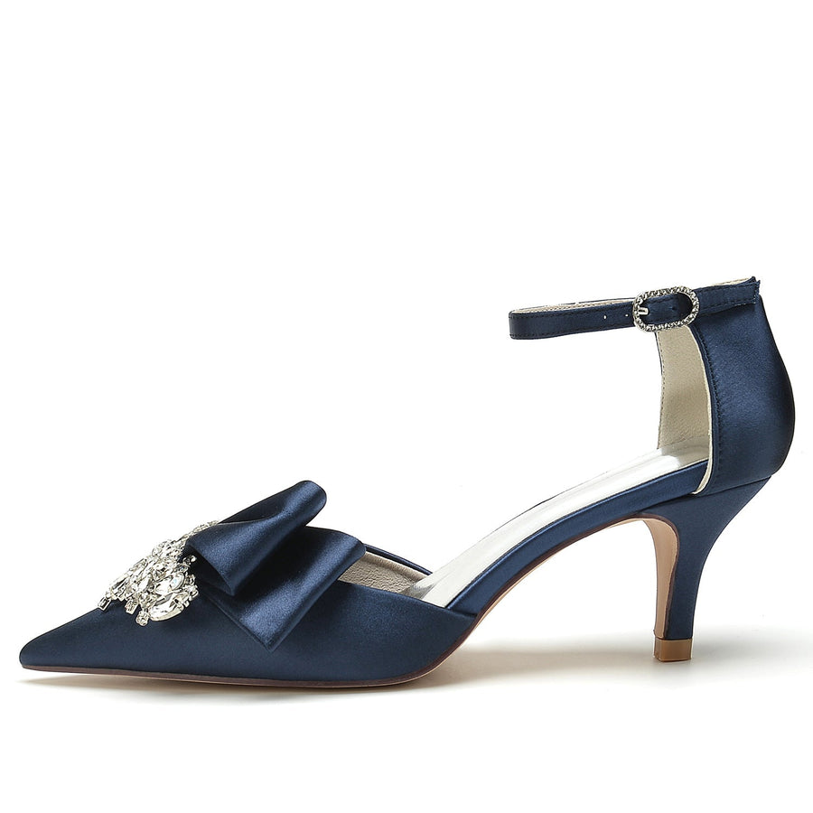 Damen Abendschuhe aus Seidensatin mit Knöchelriemen und Strasssteinen, geschlossene Zehenpartie, Stilettoabsatz
