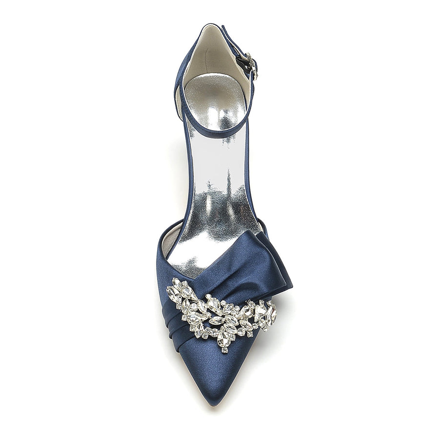 Damen Abendschuhe aus Seidensatin mit Knöchelriemen und Strasssteinen, geschlossene Zehenpartie, Stilettoabsatz