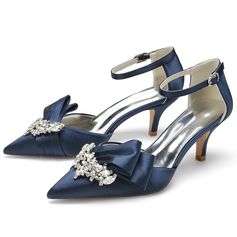 Damen Abendschuhe aus Seidensatin mit Knöchelriemen und Strasssteinen, geschlossene Zehenpartie, Stilettoabsatz