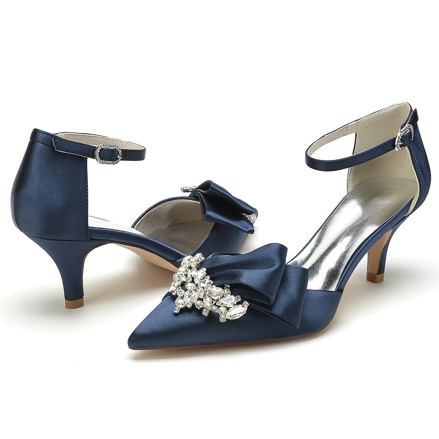 Damen Abendschuhe aus Seidensatin mit Knöchelriemen und Strasssteinen, geschlossene Zehenpartie, Stilettoabsatz