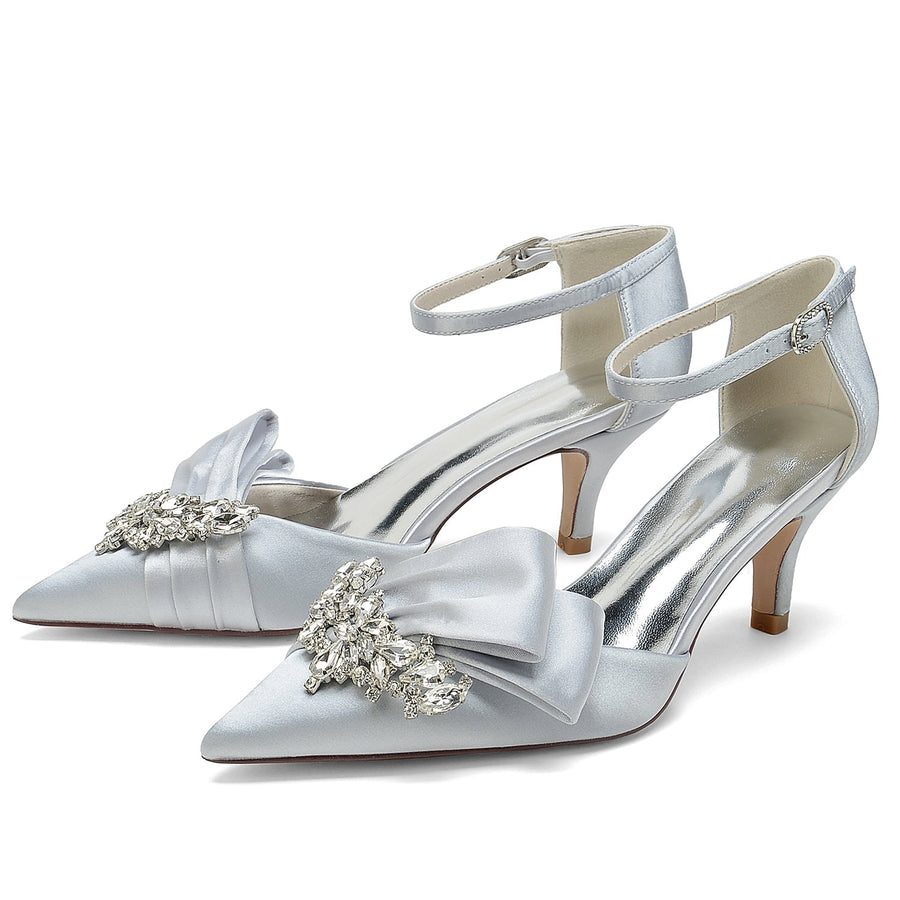 Damen Abendschuhe aus Seidensatin mit Knöchelriemen und Strasssteinen, geschlossene Zehenpartie, Stilettoabsatz