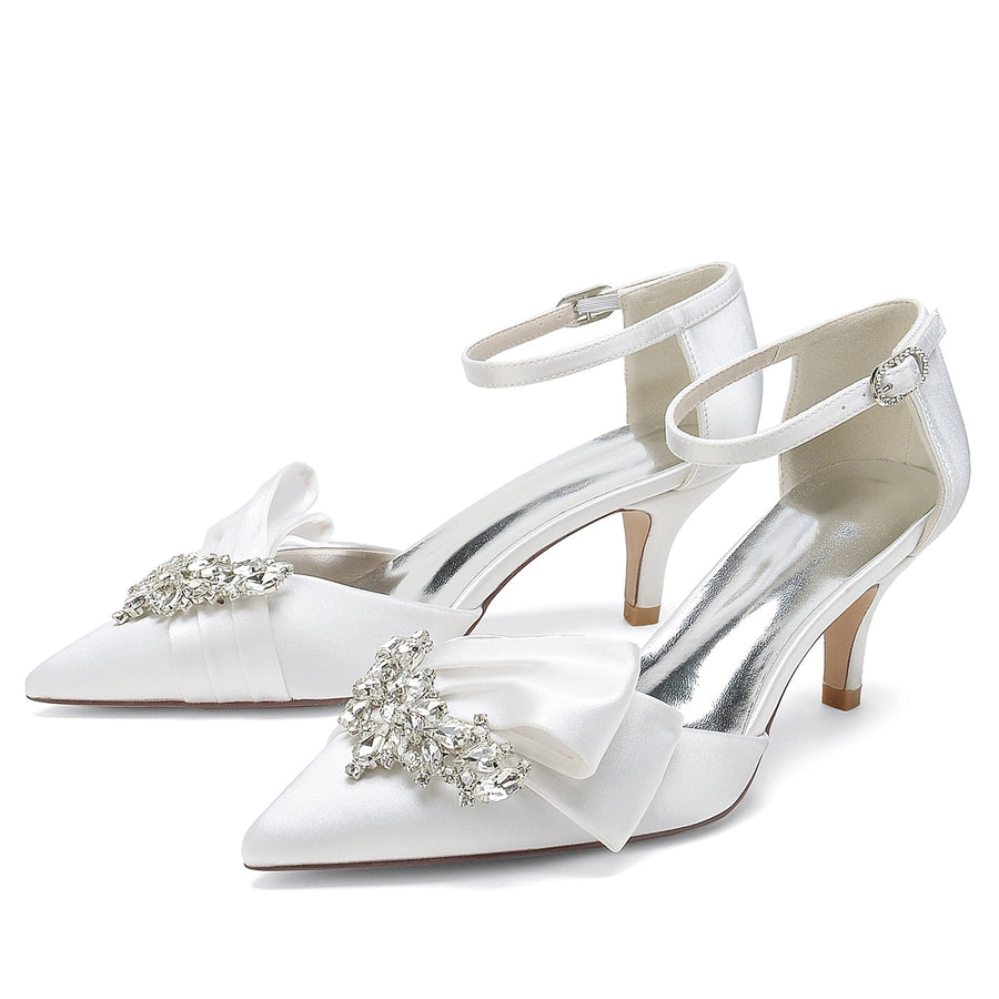 Damen Abendschuhe aus Seidensatin mit Knöchelriemen und Strasssteinen, geschlossene Zehenpartie, Stilettoabsatz