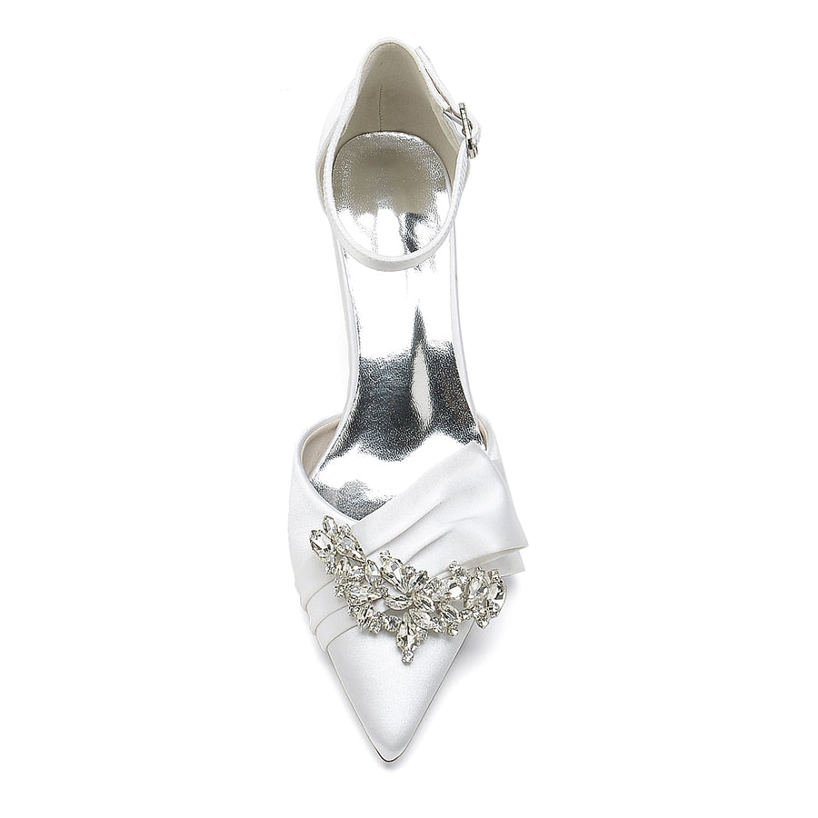 Damen Abendschuhe aus Seidensatin mit Knöchelriemen und Strasssteinen, geschlossene Zehenpartie, Stilettoabsatz