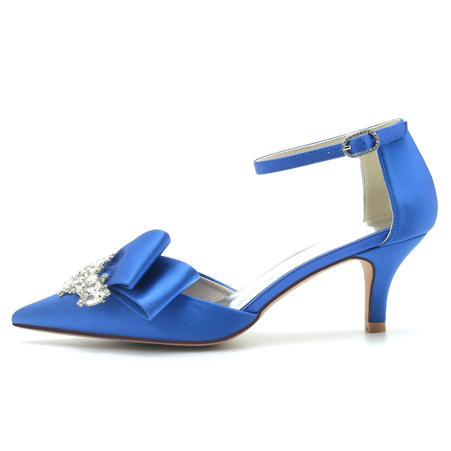 Damen Abendschuhe aus Seidensatin mit Knöchelriemen und Strasssteinen, geschlossene Zehenpartie, Stilettoabsatz