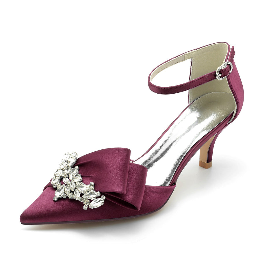 Damen Abendschuhe aus Seidensatin mit Knöchelriemen und Strasssteinen, geschlossene Zehenpartie, Stilettoabsatz