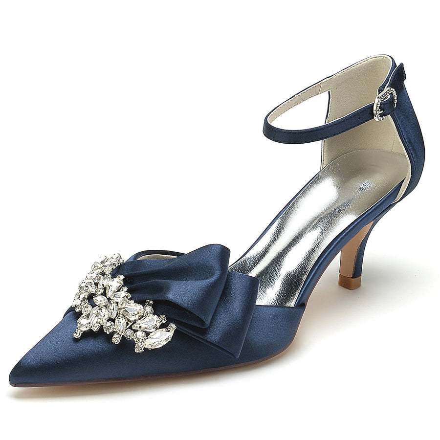 Damen Abendschuhe aus Seidensatin mit Knöchelriemen und Strasssteinen, geschlossene Zehenpartie, Stilettoabsatz