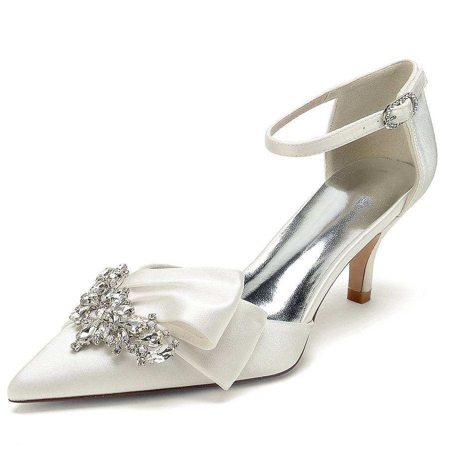 Damen Abendschuhe aus Seidensatin mit Knöchelriemen und Strasssteinen, geschlossene Zehenpartie, Stilettoabsatz