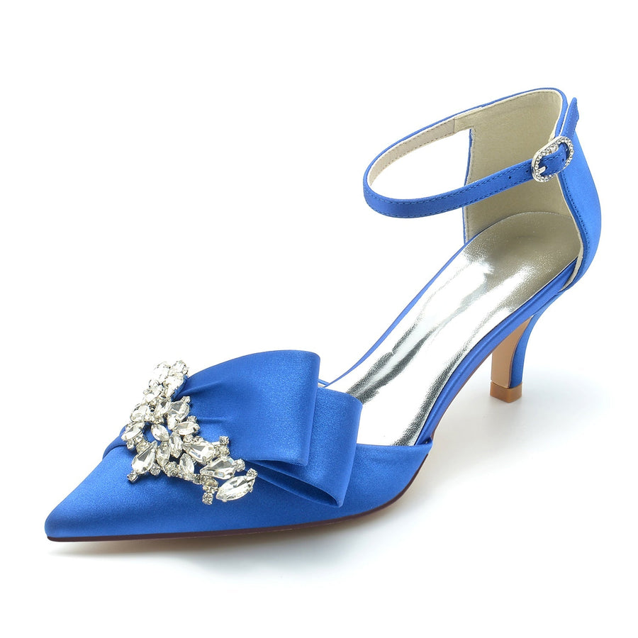Damen Abendschuhe aus Seidensatin mit Knöchelriemen und Strasssteinen, geschlossene Zehenpartie, Stilettoabsatz
