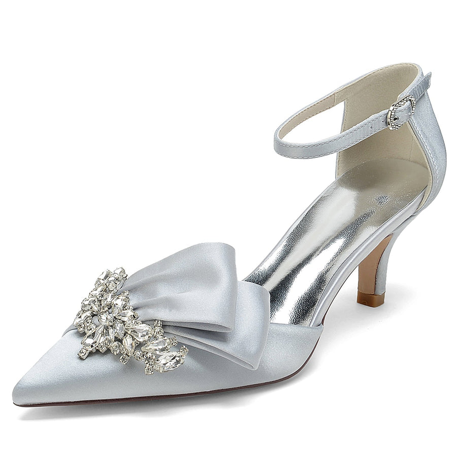 Damen Abendschuhe aus Seidensatin mit Knöchelriemen und Strasssteinen, geschlossene Zehenpartie, Stilettoabsatz
