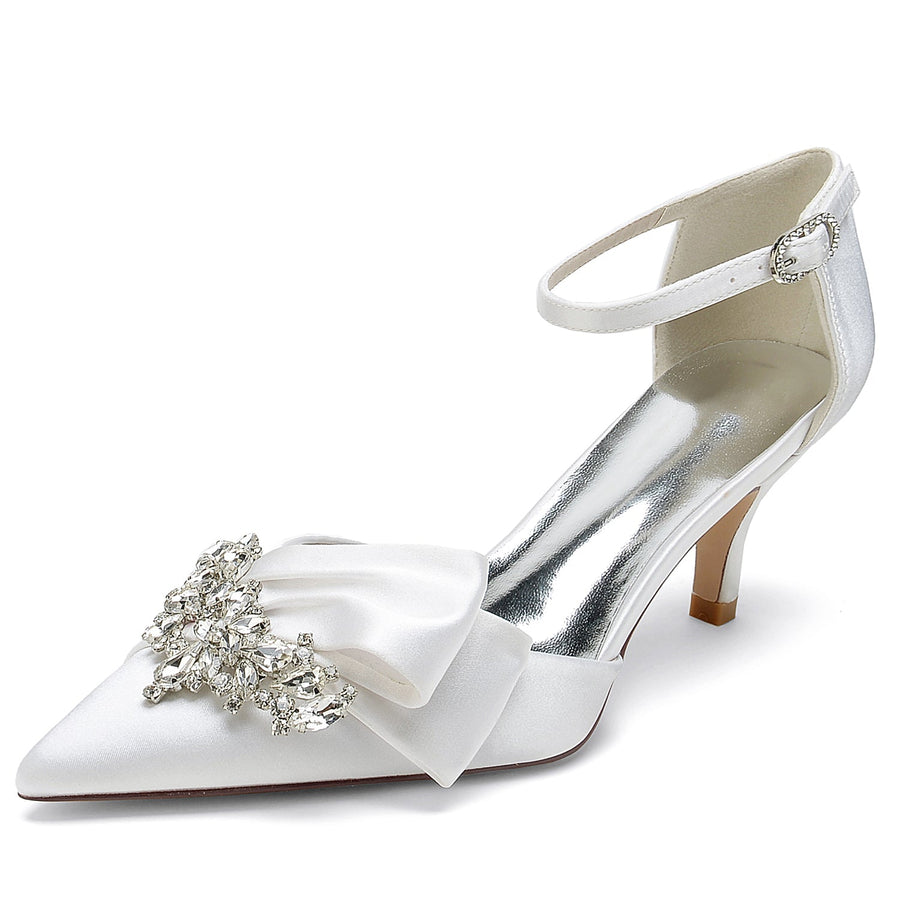 Damen Abendschuhe aus Seidensatin mit Knöchelriemen und Strasssteinen, geschlossene Zehenpartie, Stilettoabsatz