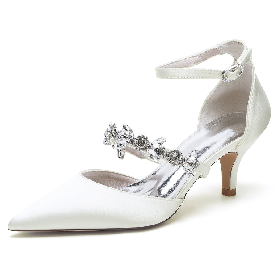 Damen Knöchelriemen Strass Seidensatin Mit Geschlossener Spitze Stilettoabsatz Hochzeitsschuhe