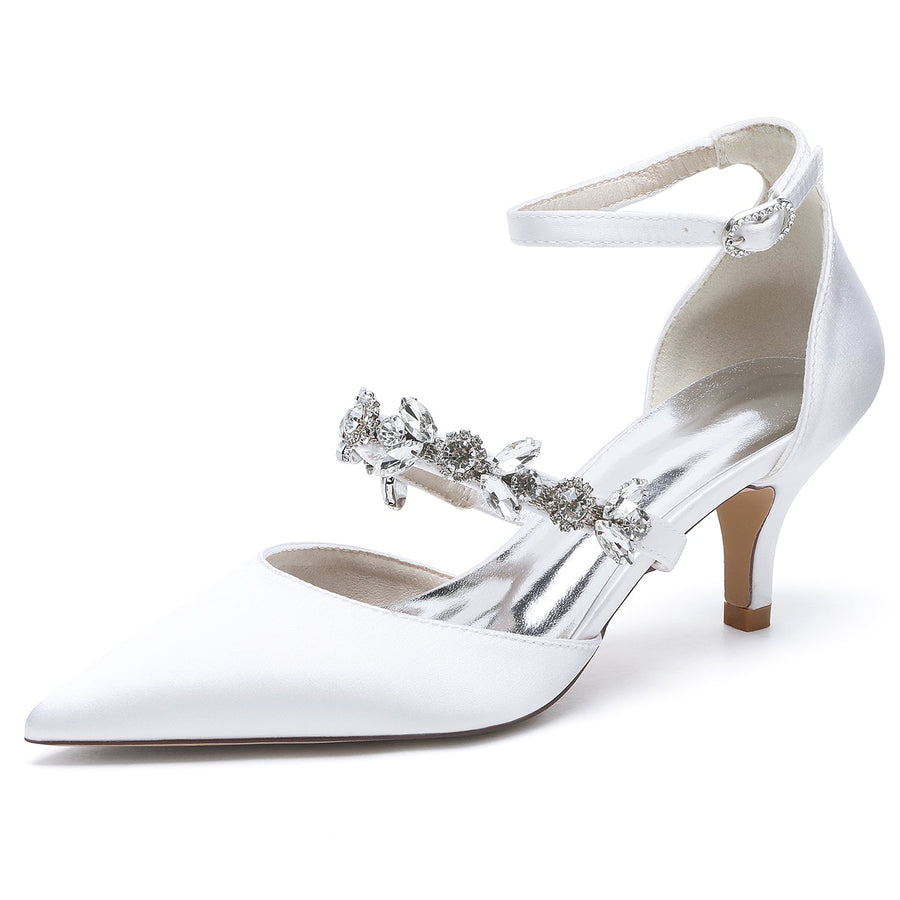 Damen Knöchelriemen Strass Seidensatin Mit Geschlossener Spitze Stilettoabsatz Hochzeitsschuhe