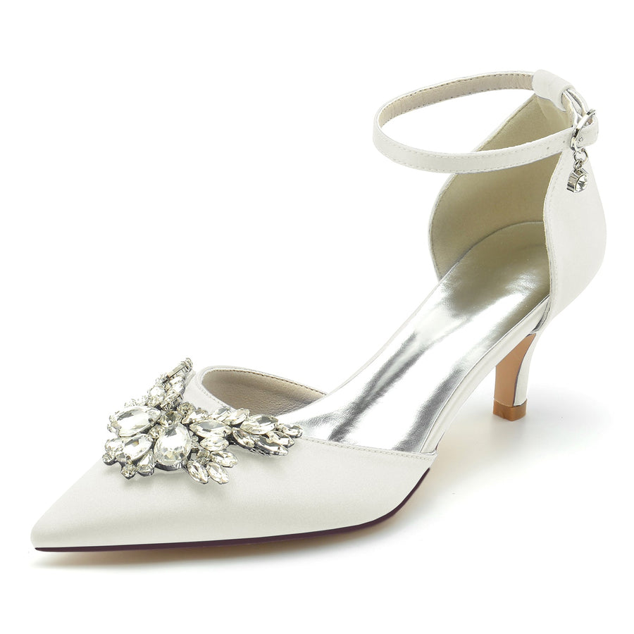 Damen Seidensatin mit Strass Knöchelriemen Geschlossene Zehen Stilettoabsatz Brautschuhe