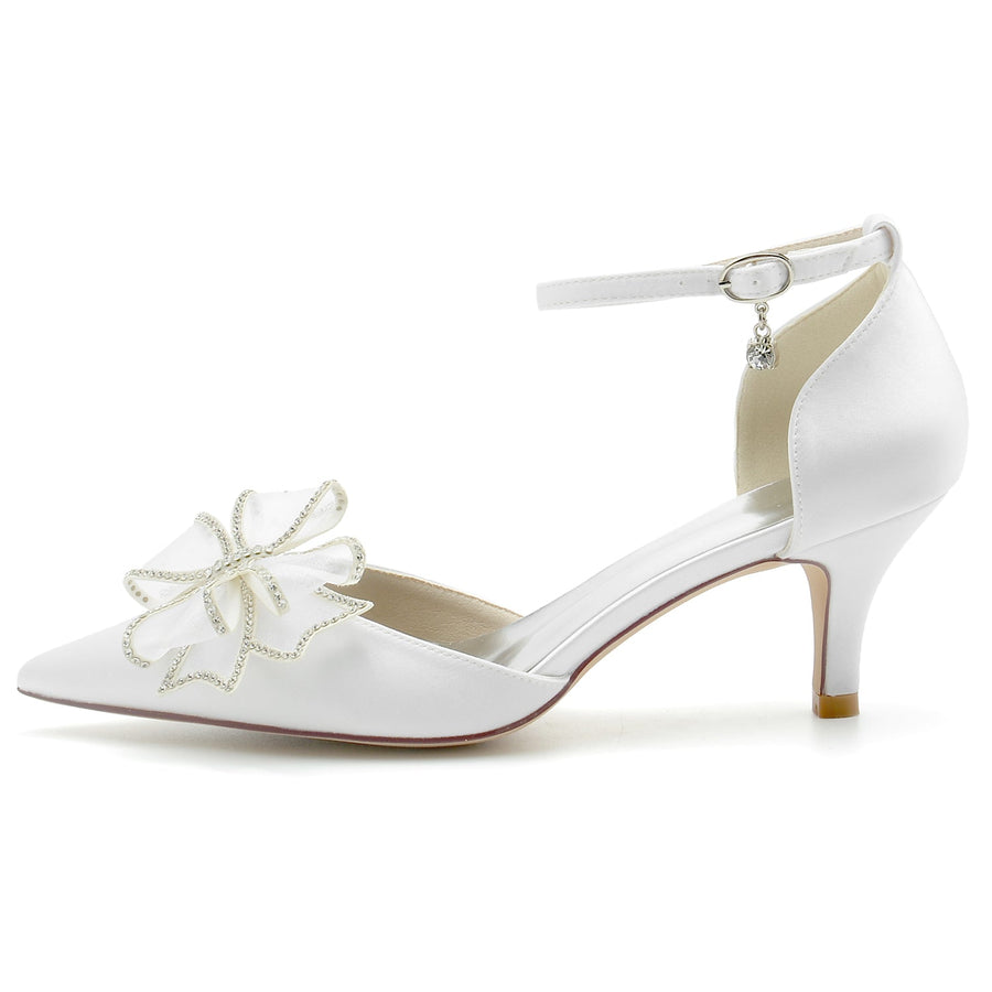 Damen Seidensatin mit Knöchelriemen und Schleife, geschlossene Zehenpartie, Stiletto-Absatz, Hochzeitsschuhe