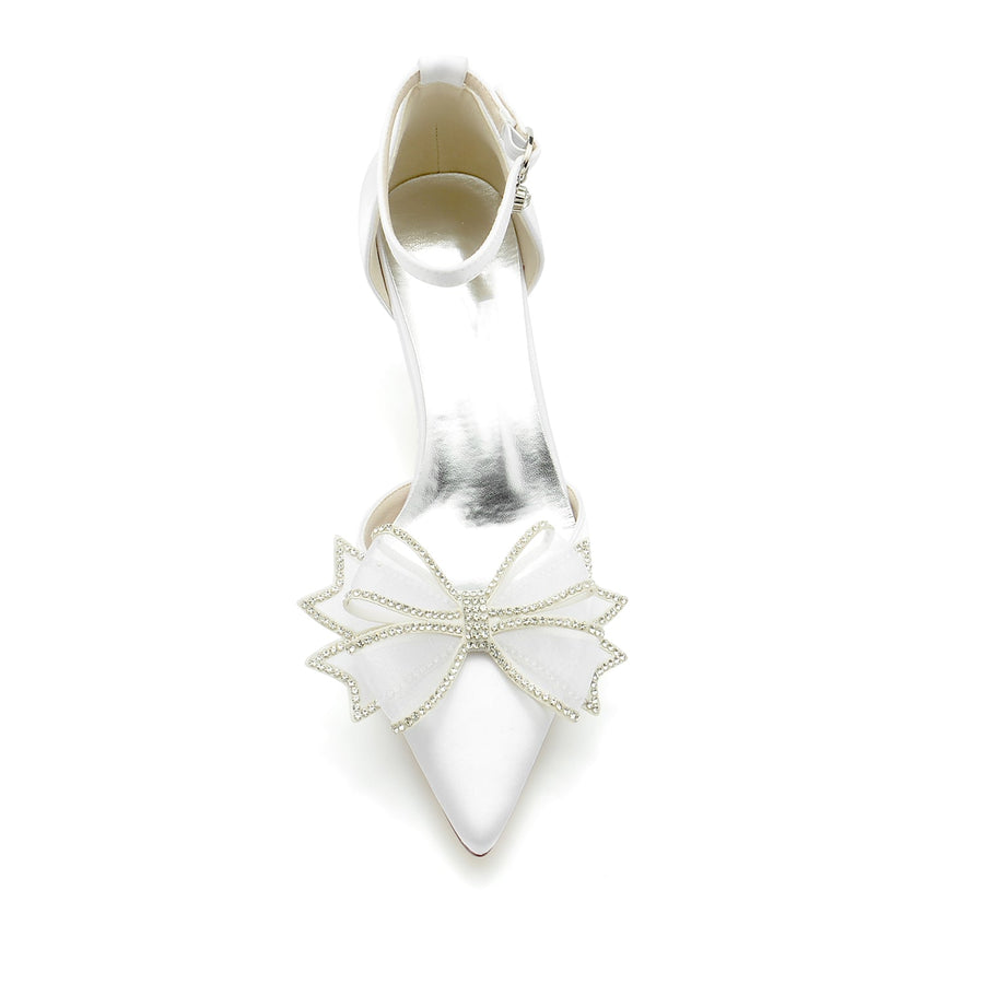 Damen Seidensatin mit Knöchelriemen und Schleife, geschlossene Zehenpartie, Stiletto-Absatz, Hochzeitsschuhe