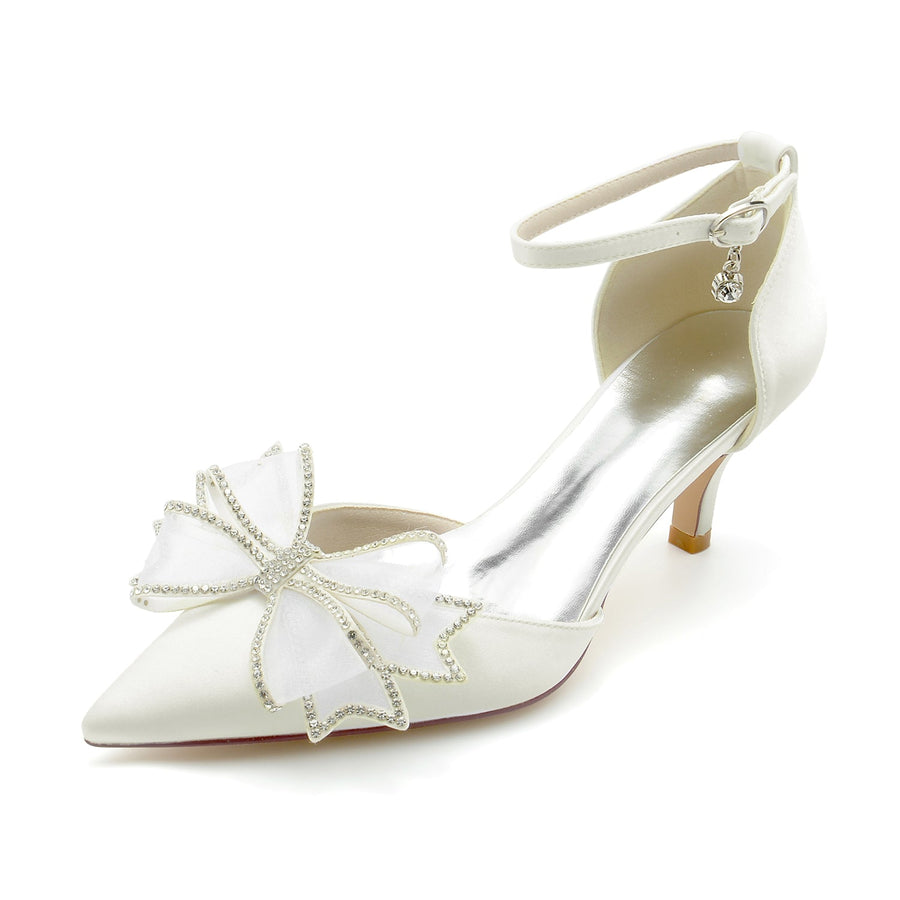 Damen Seidensatin mit Knöchelriemen und Schleife, geschlossene Zehenpartie, Stiletto-Absatz, Hochzeitsschuhe