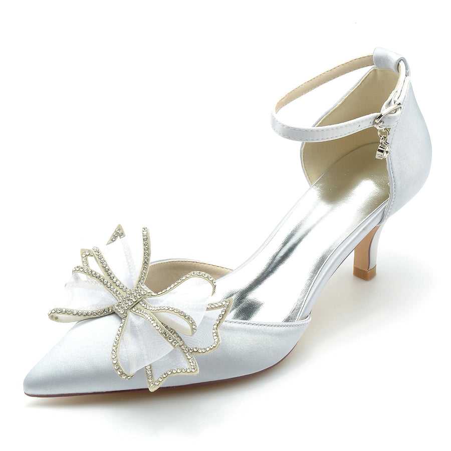 Damen Seidensatin mit Knöchelriemen und Schleife, geschlossene Zehenpartie, Stiletto-Absatz, Hochzeitsschuhe
