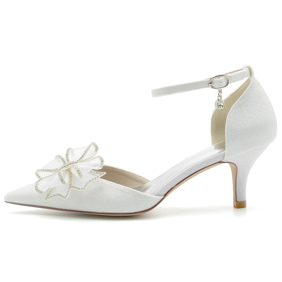 Damen Glitzer Abendschuhe mit Knöchelriemen und Schleife, geschlossene Zehenpartie, Stilettoabsatz