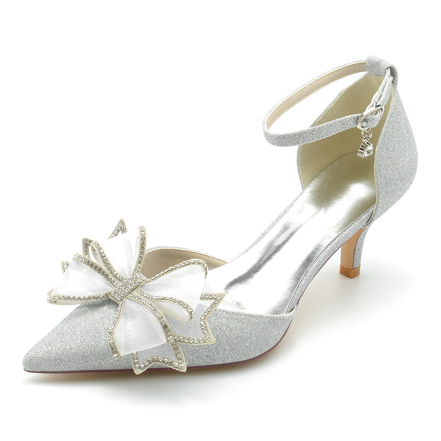 Damen Glitzer Abendschuhe mit Knöchelriemen und Schleife, geschlossene Zehenpartie, Stilettoabsatz