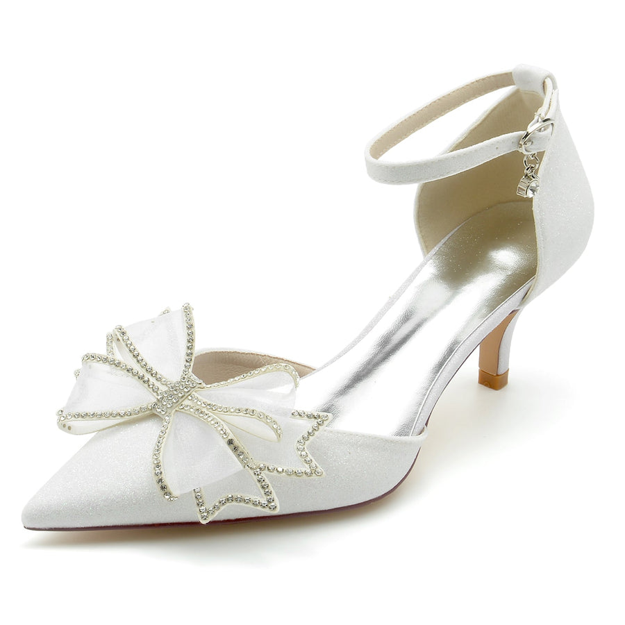 Damen Glitzer Abendschuhe mit Knöchelriemen und Schleife, geschlossene Zehenpartie, Stilettoabsatz