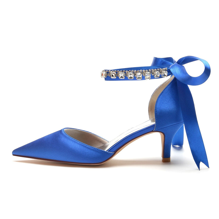 Damen Seidensatin mit Knöchelriemen, Schnürung und Strasssteinen, geschlossene Zehenpartie, Stilettoabsatz, Hochzeitsschuhe