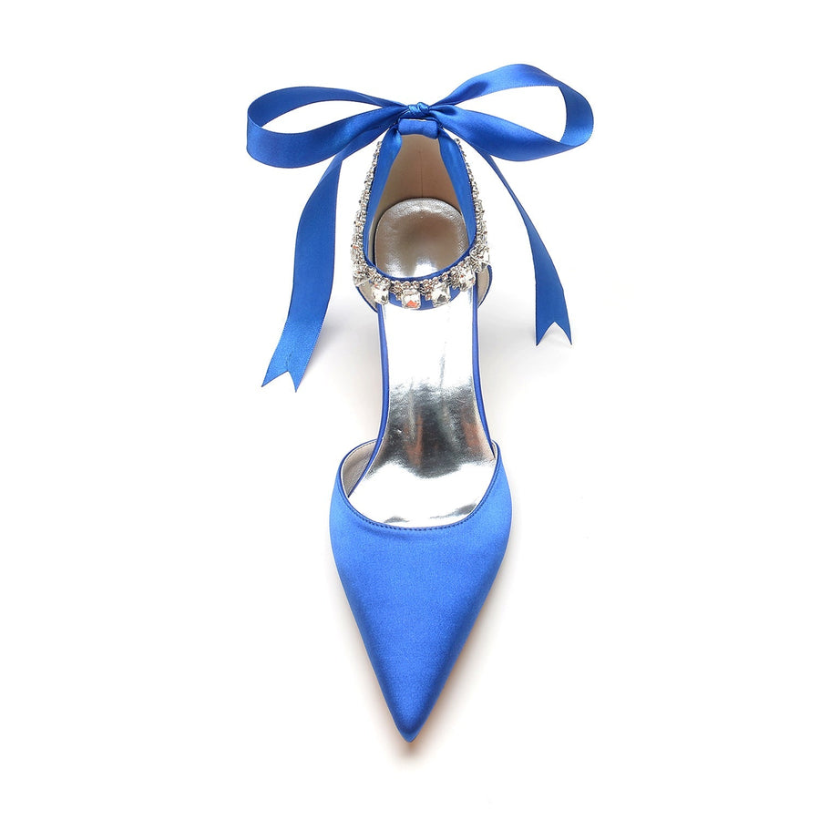 Damen Seidensatin mit Knöchelriemen, Schnürung und Strasssteinen, geschlossene Zehenpartie, Stilettoabsatz, Hochzeitsschuhe