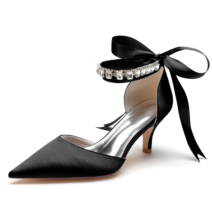 Damen Seidensatin mit Knöchelriemen, Schnürung und Strasssteinen, geschlossene Zehenpartie, Stilettoabsatz, Hochzeitsschuhe