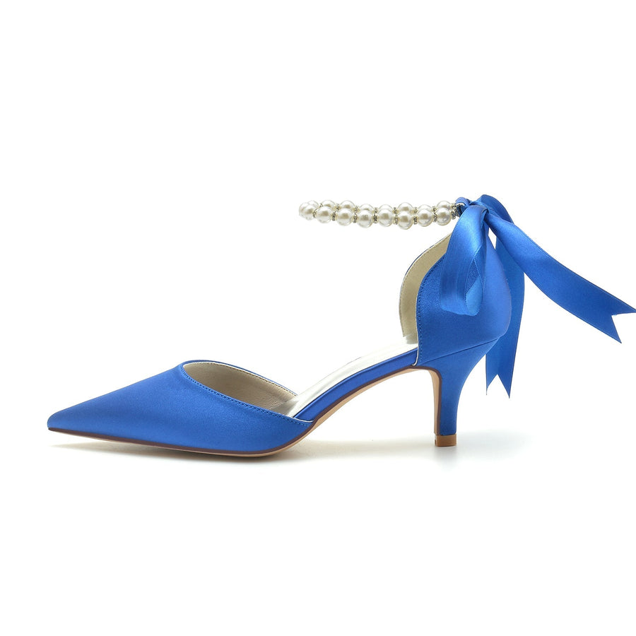 Damen Seidensatin mit Schnürung Perlen Knöchelriemen Geschlossene Zehen Stiletto Absatz Party Schuhe